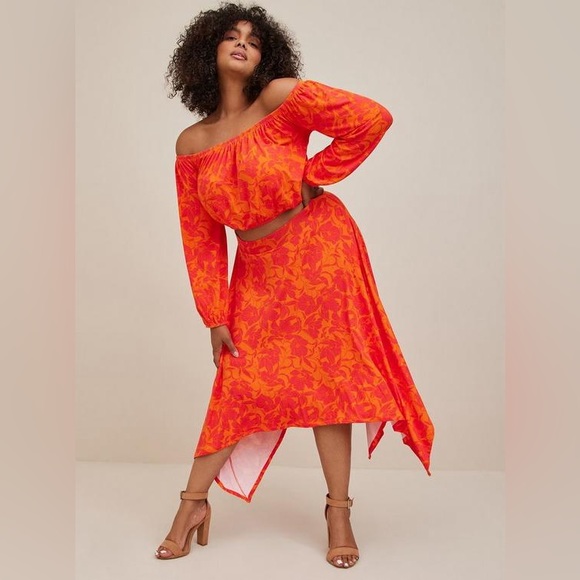 Torrid Handkerchief Hem Super Soft Floral Orange Maxi Skirt - size 0 - Picture 3 of 8